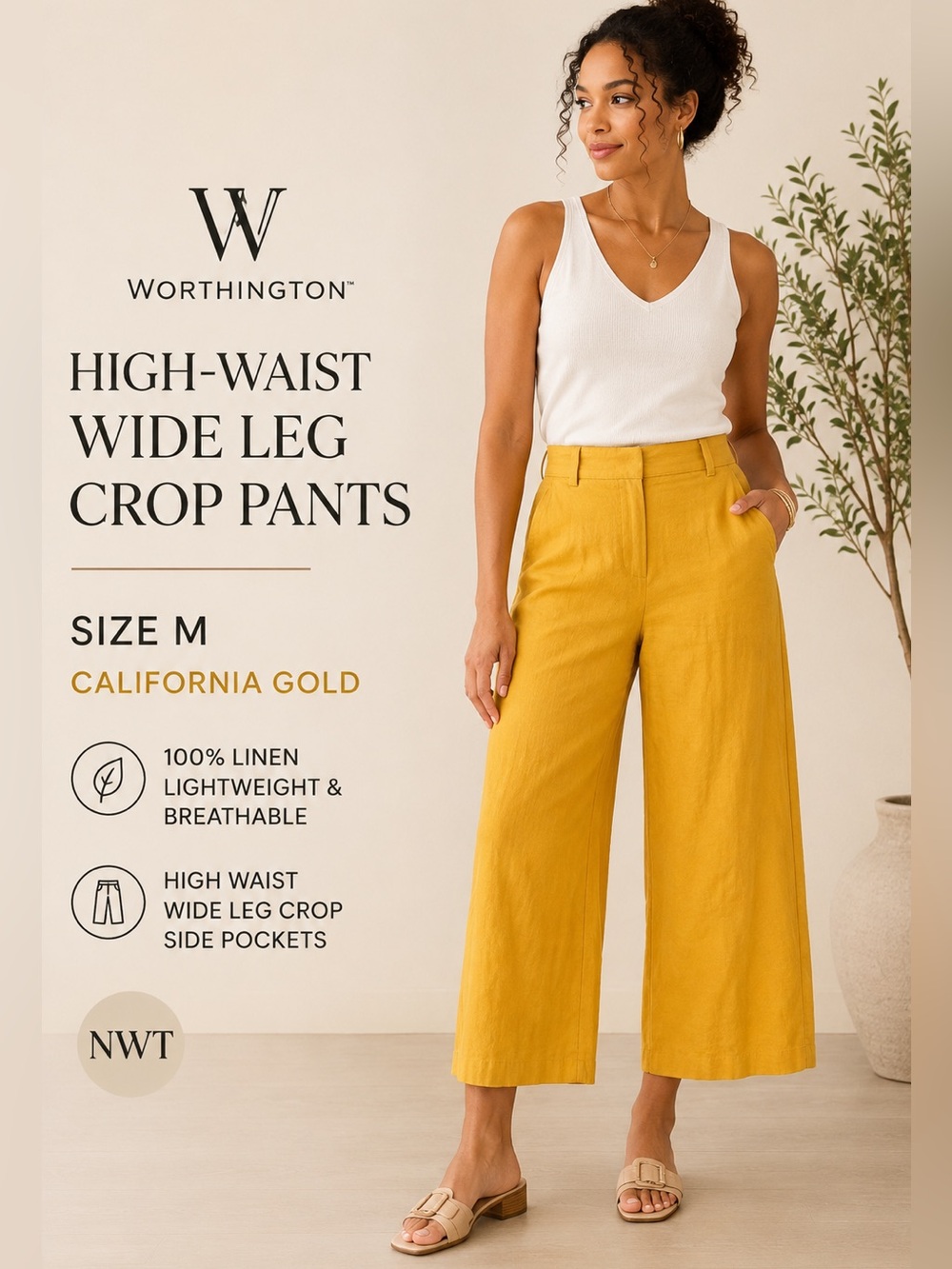 Worthington High Waist Wide Leg Crop Linen Pants M California Gold NWT‎